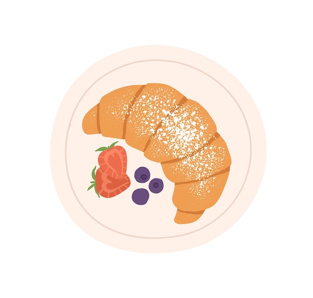 Vista superior de croissant francés con frutas en el plato. panadería con azúcar en polvo y bayas aislado sobre fondo blanco. ilustración de vector plano coloreado de postre dulce.