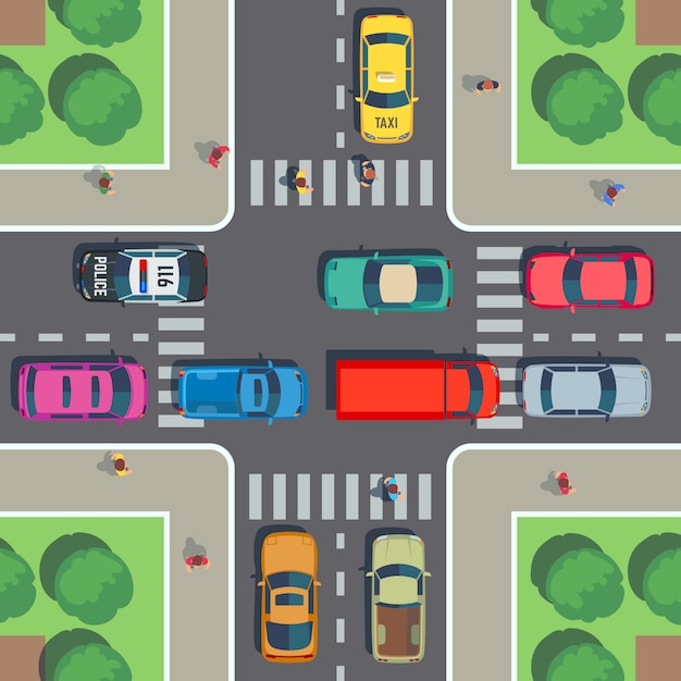 Vista superior del cruce. intersección del camino con cruce peatonal, automóviles y personas en la acera. ilustración vectorial