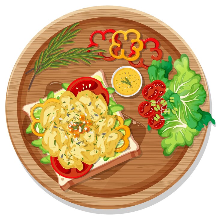 Vector vista superior del desayuno en un plato en estilo de dibujos animados aislado