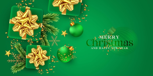 Vista superior diseño de fondo de color verde realista de Feliz Navidad y Feliz Año Nuevo con nieve de bola