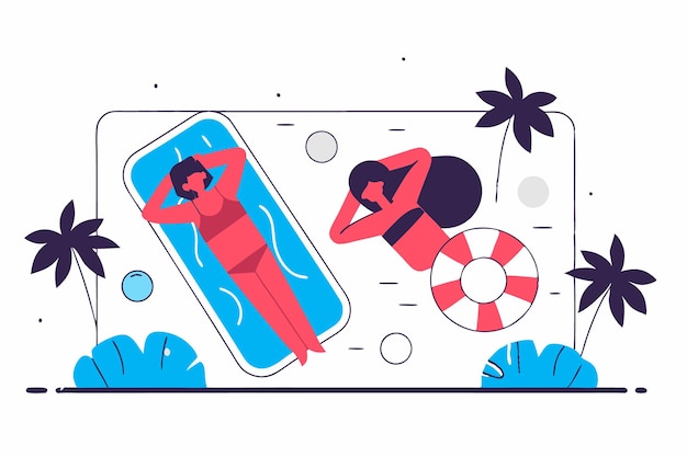 Vista superior dos mujeres jóvenes nadando relajándose en la piscina vacaciones de verano concepto ilustración arte vectorial sobre fondo blanco
