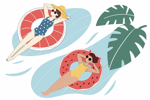 Vista superior dos mujeres jóvenes nadando relajándose en la piscina vacaciones de verano concepto ilustración arte vectorial sobre fondo blanco