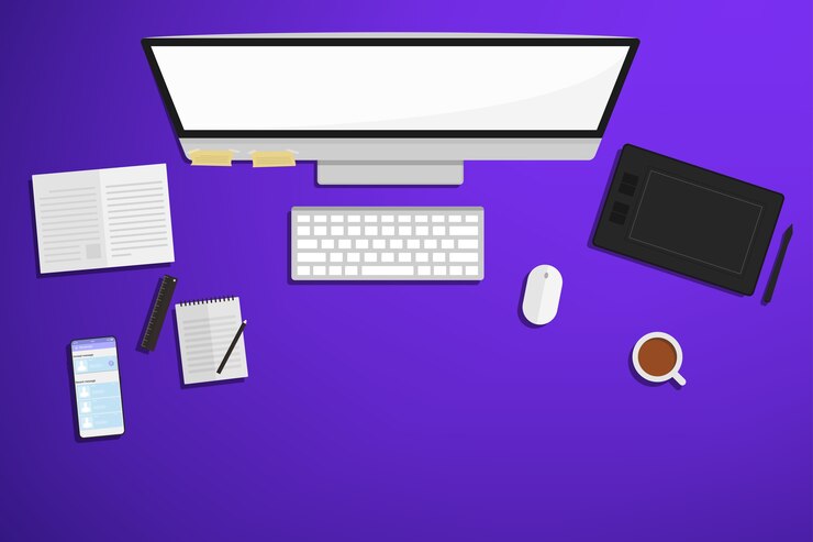 Vector vista superior del espacio de trabajo con la computadora