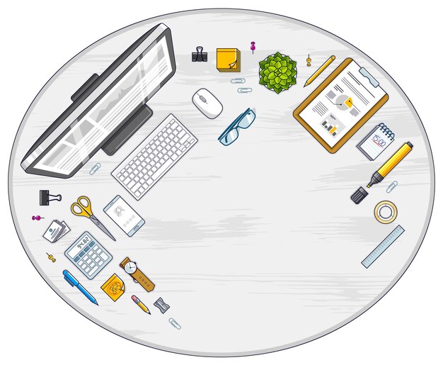 Vista superior del espacio de trabajo del escritorio con computadora pc y muchos objetos de papelería diferentes en la mesa con espacio para copiar texto. todos los elementos son fáciles de usar por separado o recomponer la ilustración. vector.