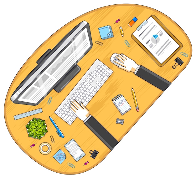 Vista superior del espacio de trabajo de escritorio de oficina con manos de empleado de oficina o empresario, computadora PC y diversos objetos de papelería para el trabajo. Todos los elementos son fáciles de usar por separado. Ilustración vectorial.