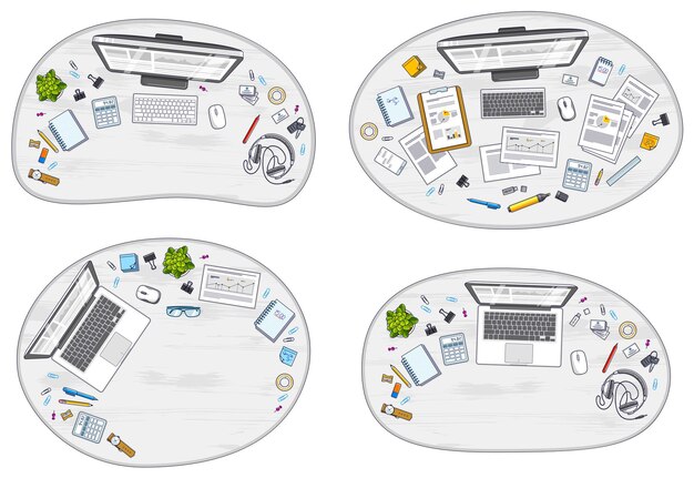 Vista superior de los espacios de trabajo de los escritorios de oficina con PC y portátiles y diversos objetos de papelería para el trabajo, aspecto general. Todos los elementos son fáciles de usar por separado o recomponer las ilustraciones. Conjunto de vectores.
