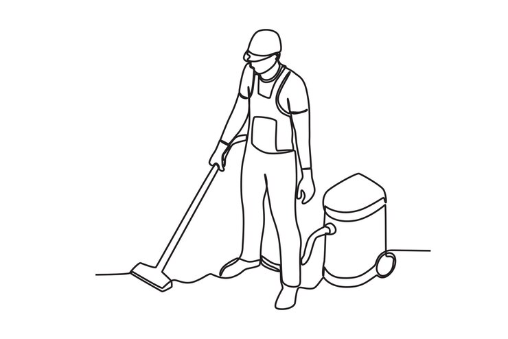 Vector vista superior de un hombre sosteniendo un dispositivo de limpieza servicio de limpeza dibujo en línea