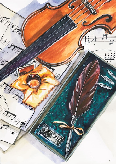 Vista superior Ilustración del espacio de trabajo del músico. Violín, notas, bolígrafo. Ilustración conceptual flatlay de Música y creación.