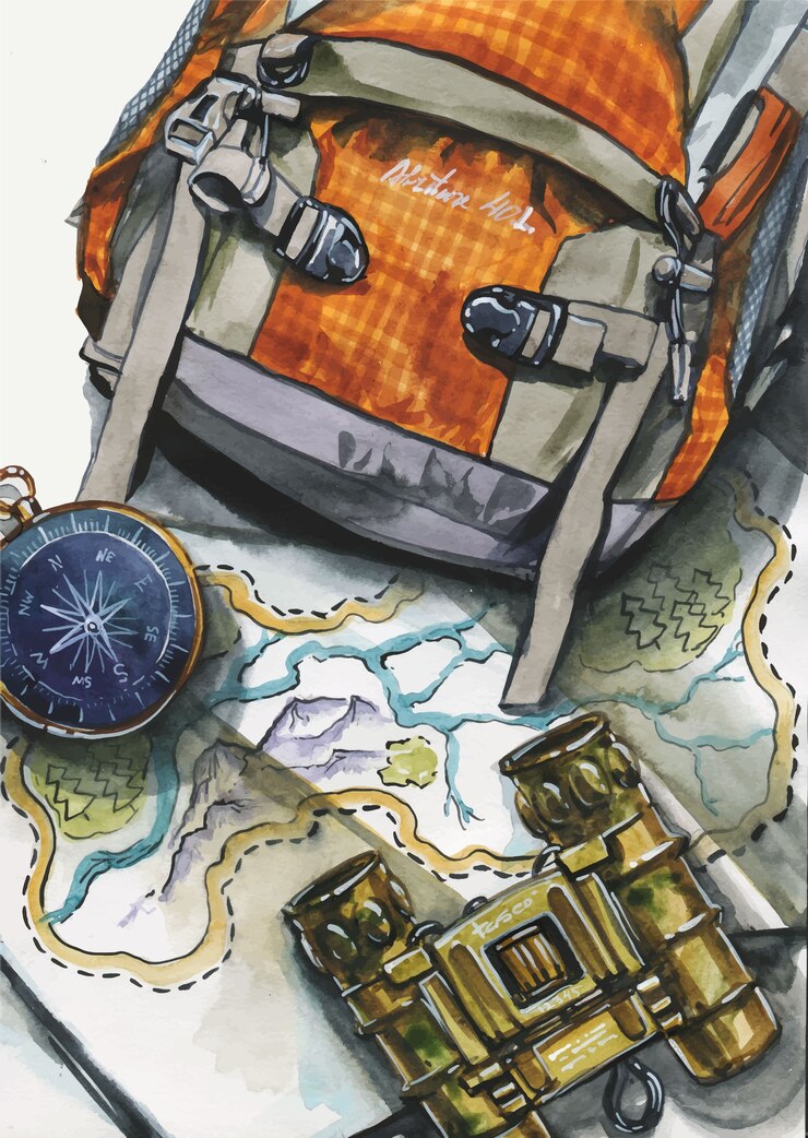 Vista superior Ilustración de mochila con binoculares y brújula en el mapa. Ilustración conceptual flatlay del viajero, viaje. accesorios de viaje