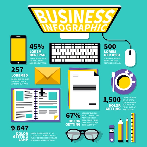 Vista superior del lugar de trabajo en diseño de estilo plano