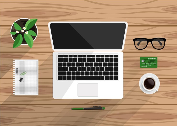 Vector vista superior del lugar de trabajo empresarial. diseño plano de espacio de trabajo con laptop, notebook, café, tarjeta de crédito