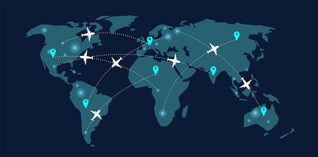 Vista superior del mapa mundial con aviones, caminos aéreos y pines. Ilustración de vector plano ancho