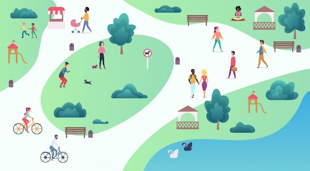 Vista superior del mapa de varias personas en el parque caminando y realizando actividades deportivas al aire libre. ilustración de vector de parque de la ciudad.