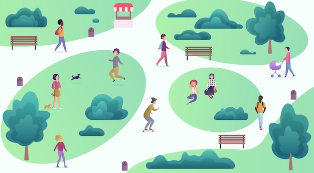 Vista superior del mapa de varias personas en el parque caminando y realizando actividades deportivas al aire libre. Parque de la ciudad
