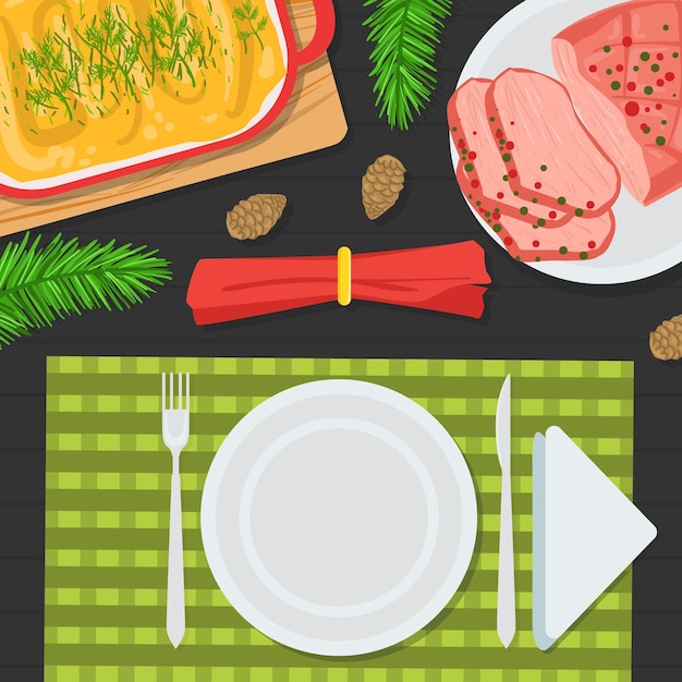 Vista superior de la mesa festiva navideña decorando la mesa con platos tradicionales planos