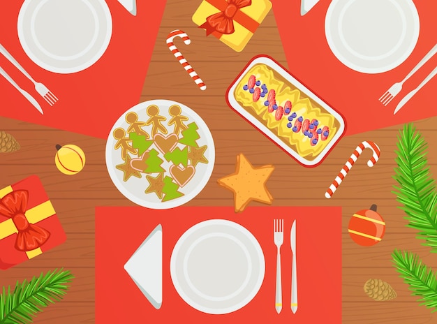 Vista superior de la mesa festiva de las vacaciones platos tradicionales de Navidad ilustración vectorial plana