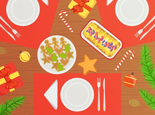 Vector vista superior de la mesa festiva de las vacaciones platos tradicionales de navidad ilustración vectorial plana