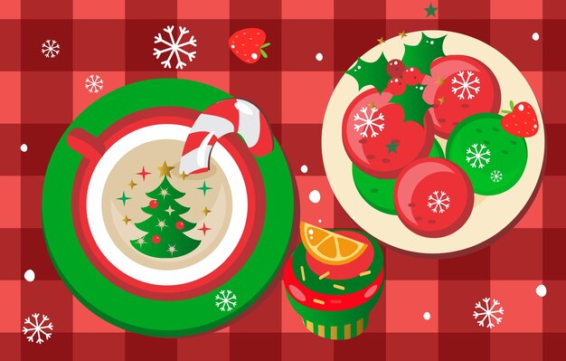 Vista superior de la mesa de Navidad taza de mantel de mesa roja de Navidad con caña de caramelo galletas de Navidad macarrón