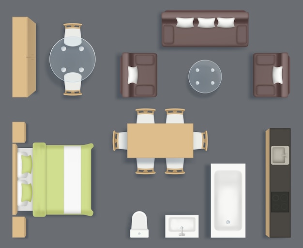 Vista superior de muebles. Cocina baño y sala de estar objetos interiores silla sofá mesa planificación colección de imágenes realistas. Ilustración muebles baño y sofá, parte superior interior