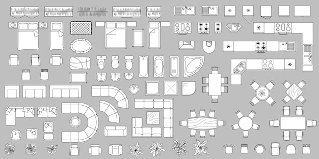 Vector vista superior de muebles para interiores objetos y elementos para apartamentos sala de estar dormitorio cocina plana