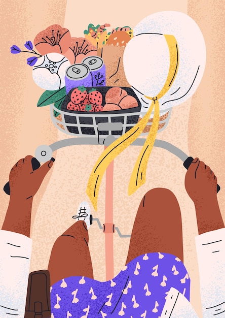 Vista superior de la mujer montando bicicleta de ciudad en verano. Ciclista en bicicleta retro con canasta, sombrero, flores y frutas. Ciclismo femenino con las manos en el manillar en verano. Ilustración de vector plano coloreado.