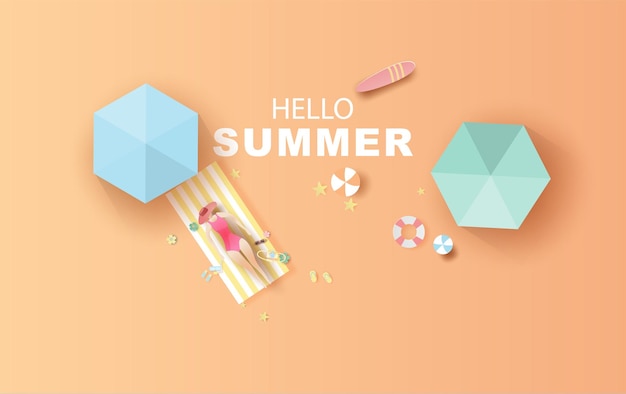 Vista superior Mujer tomando el sol en la playa viajes verano temporada banner Hola verano