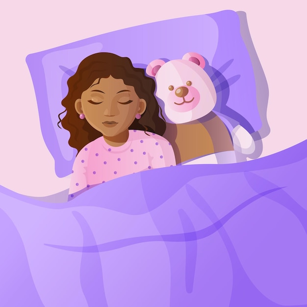 Vista superior de la niña negra durmiendo en la cama con oso de peluche