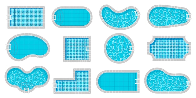 Vector vista superior de la piscina piscinas de diferentes formas estilo de dibujos animados de lujo exterior junto a la piscina con textura de agua azulejo verano vacaciones zona de baño conjunto aislado vectorial