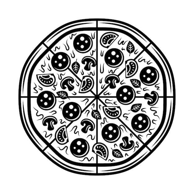 Vista superior de pizza con diferentes ingredientes objeto vectorial o elemento de diseño en estilo monocromo vintage aislado sobre fondo blanco