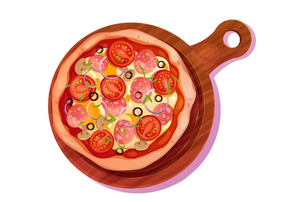 Vista superior de la pizza con salami, aceitunas, tomate y setas aislados sobre un fondo blanco Pizza entera
