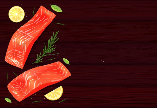 Vector vista superior plana con pescado rojo con limón y romero ilustración vectorial sobre fondo de mesa de madera oscura