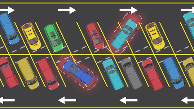 vista superior plana de un vehículo de automóvil con mal comportamiento de conducción estacionando en un lugar de estacionamiento