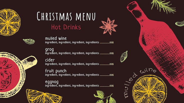 Vista superior de la plantilla del menú de la Feliz Navidad del vino caliente de la ilustración del vector común. Bebida de alcohol caliente e ingredientes especias, hierbas, frutas. Menú de banner de bebidas de invierno con grog, sidra, café, bar