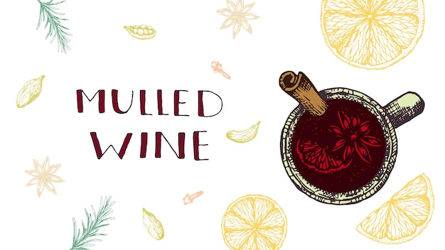 Vector vista superior de la plantilla del menú de la feliz navidad del vino caliente de la ilustración del vector común. bebida de alcohol caliente e ingredientes para especias de vino caliente, hierbas, frutas. banner de bebidas de invierno para restaurante y cafetería.