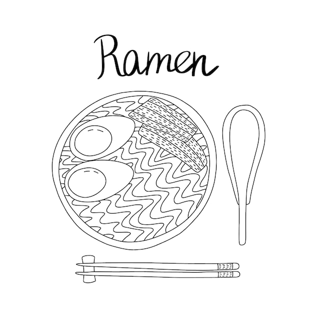 Vista superior de ramen de plato tradicional asiático vectorial bosquejo de vista de mesa de plato de ramen dibujado a mano