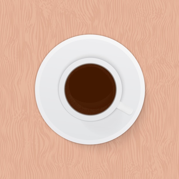 Vista superior realista taza de café espresso sobre fondo de madera Desayuno matutino o concepto de descanso Ilustración de vector plano rústico