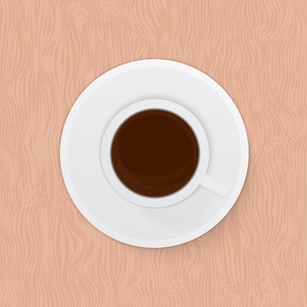 Vista superior realista taza de café espresso sobre fondo de madera desayuno matutino o concepto de descanso ilustración de vector plano rústico