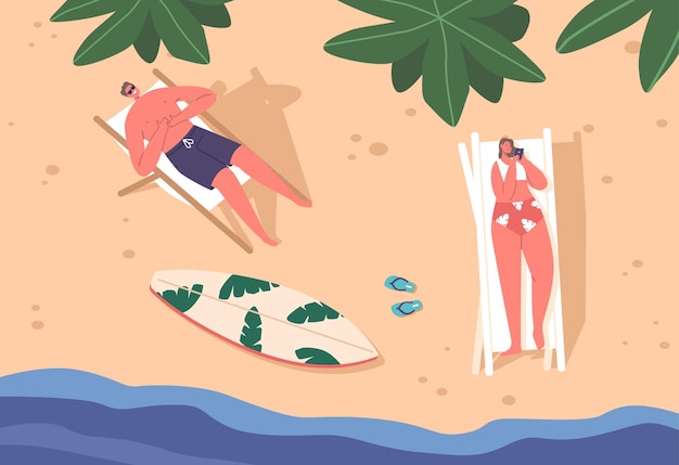 Vista superior serena de una pareja de personajes masculinos femeninos descansando en una playa bañada por el sol tomando el sol en los rayos dorados rodeados de arenas suaves y aguas azules cristalinas Gente de dibujos animados Vector Ilustración