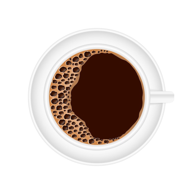 Vista superior de la taza de café Espresso aromático marrón con espuma en un tazón de cerámica en un plato moca caliente realista