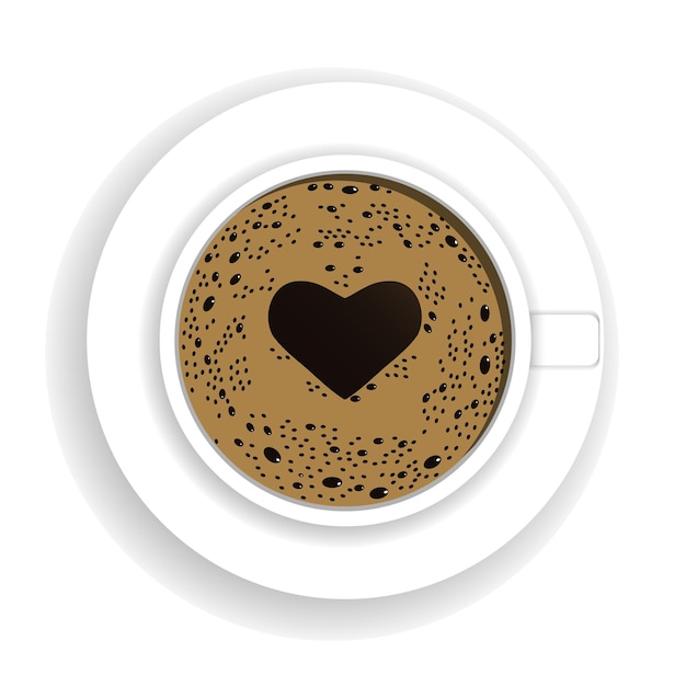 Vista superior de una taza de café con espuma en la forma del símbolo creativo del ícono Heart Fresh espresso