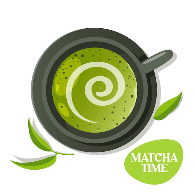Vista superior de una taza de matcha de té japonés con hojas verdes y letras aisladas sobre un fondo blanco