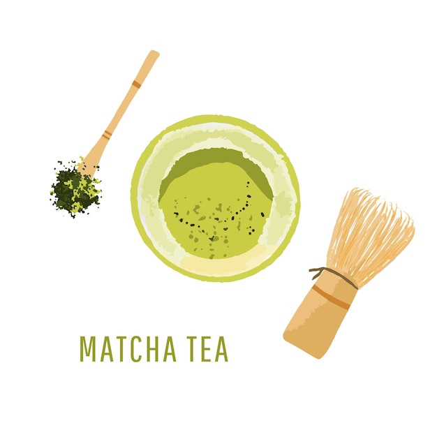 Vista superior del tazón de polvo de matcha, cuchara de madera y batidor, hoja de té verde, aislado en la ilustración de fondo blanco