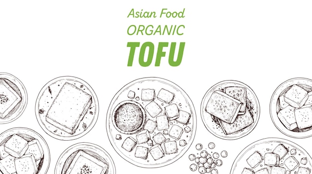 Vista superior de tofu ilustración vectorial dibujada a mano bosquejo de tofu comida asiática plato de tofu comida vegana plantilla de diseño vintage diseño de producto ideal para empaquetar el menú del libro de recetas