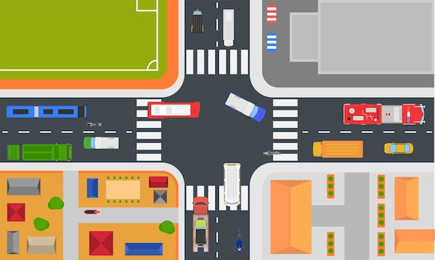 Vista superior del tráfico de la intersección de la ciudad con vista superior del área de vivienda, fondo del edificio de campo Ilustración de diseño de estilo plano
