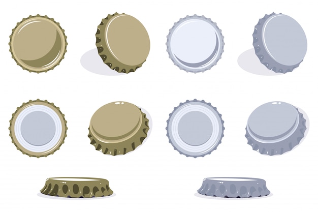 Vista de la tapa de la botella desde la parte superior, lateral e inferior. conjunto de vectores de iconos de tapa de cerveza o refresco aislado.