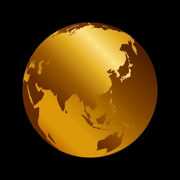 Vista de telón de fondo de planeta de metal 3d de oro de asia. ilustración de vector de mapa de mundo de rusia, india y china sobre fondo negro.