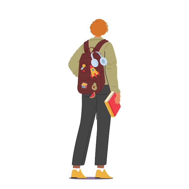Vista Trasera Del Adolescente Llevando Mochila Y Libro Aislado Sobre Fondo Blanco Estudiante Estudioso Y Responsable