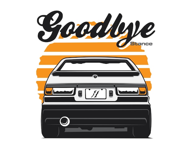 Vista trasera de un automóvil de los años 90 con un fondo redondo a rayas junto con texto para un diseño gráfico de ilustración vectorial
