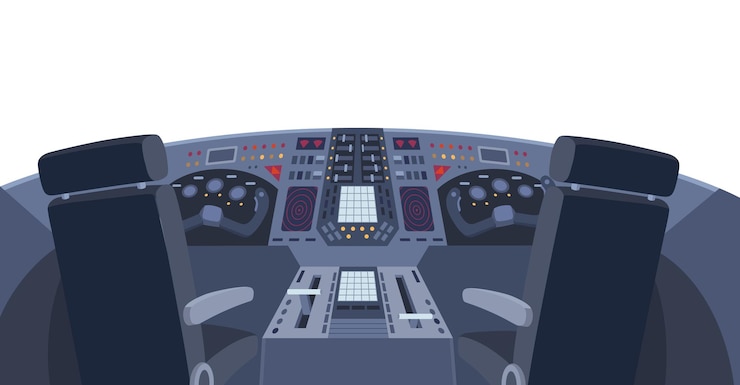 Vector vista trasera de la cabina de un avión volando en la cabina durante el vuelo. caricatura vectorial