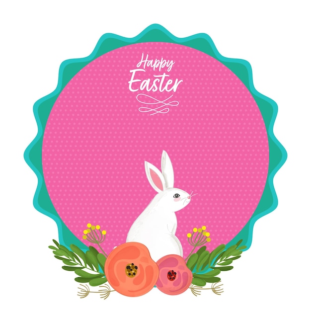 Vector vista trasera de dibujos animados de conejitos bonitos contra el texto de feliz pascua marco redondo decorar con flores